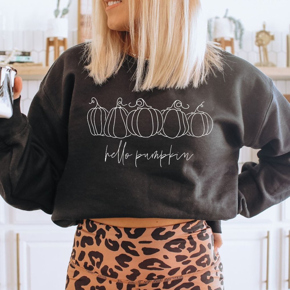 NEW Black Hello Pumpkin Fall Long Sleeve Crewneck Pullover Sweatshirt Unisex